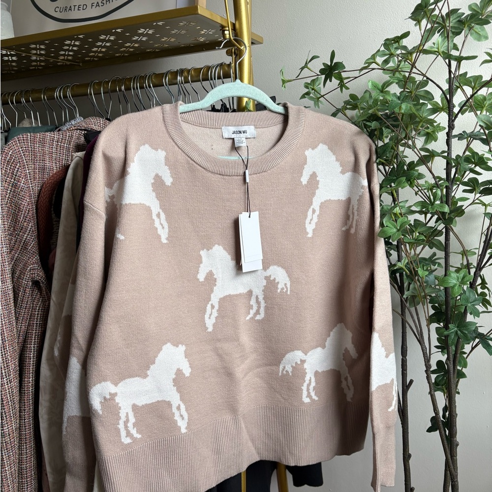Jason Wu Beige Sweater with White Horse Design NWT